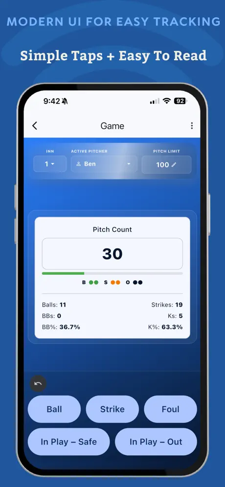 PitchCount+ live pitch counter screen