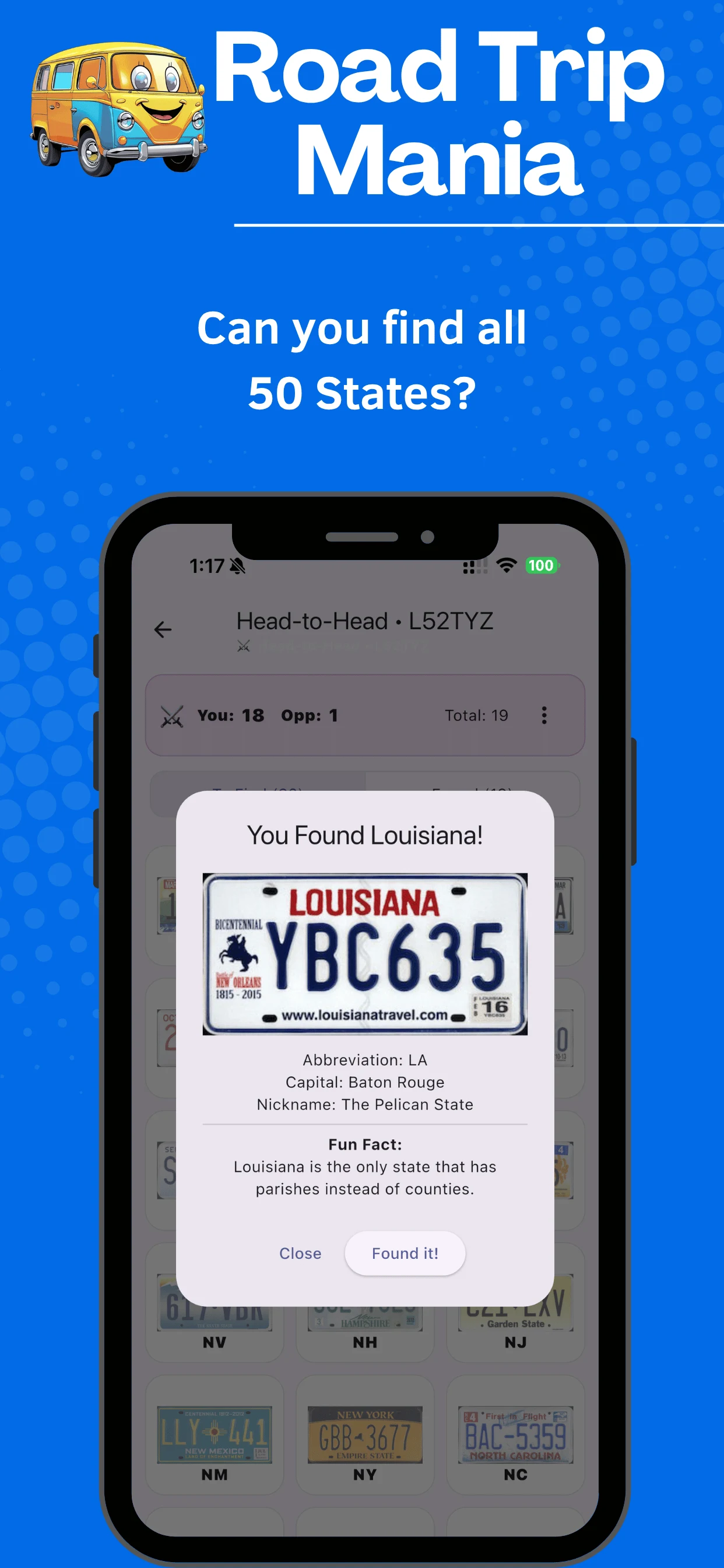 Road Trip Mania license plate discovery screen showing a Louisiana plate and state fact
